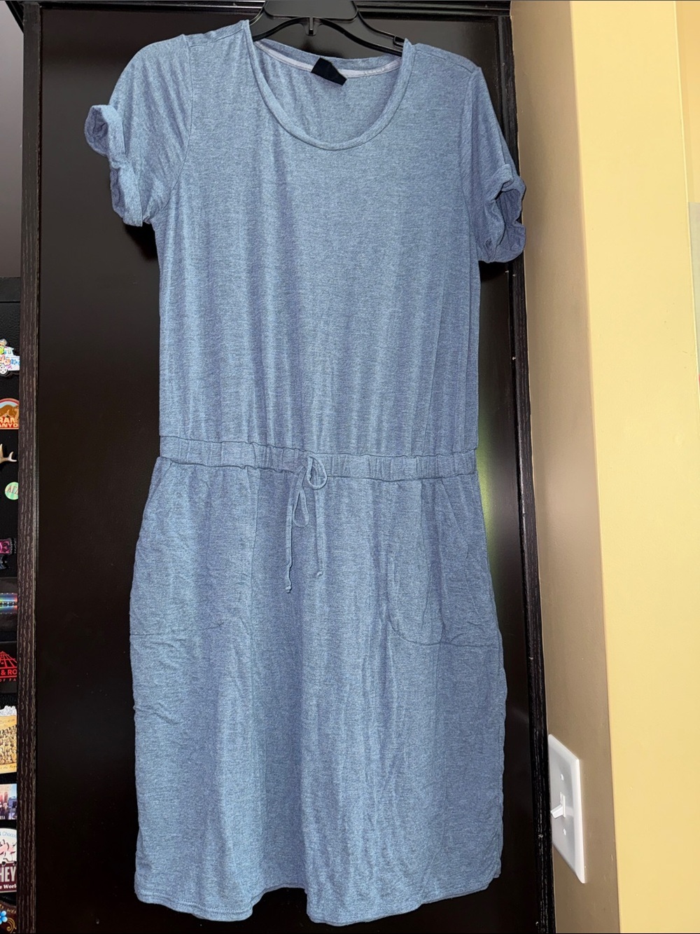 Casual Short-Sleeve Blue Drawstring Midi Dress